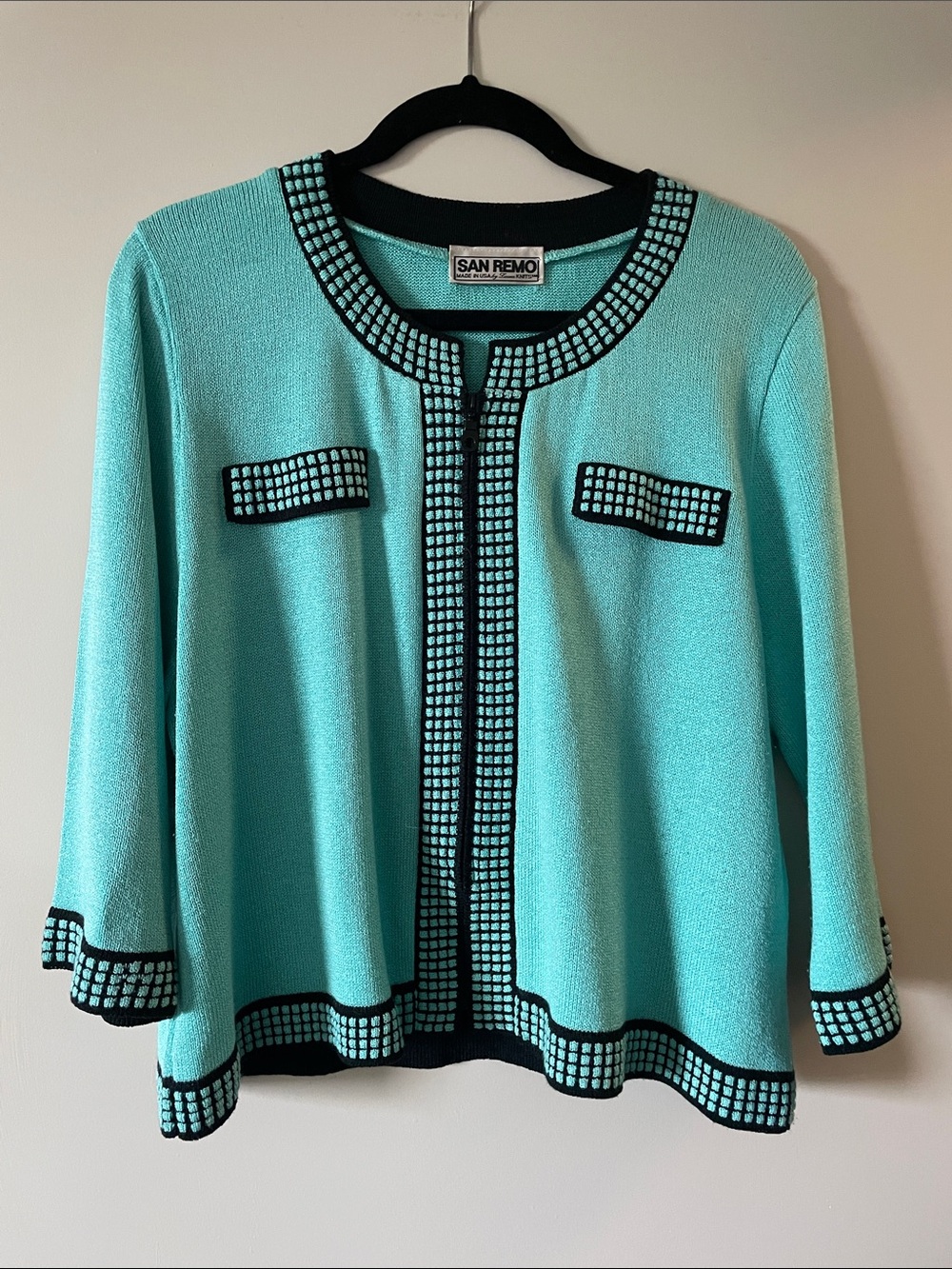 San Remo Aqua Knit Cardigan with Black Trim Size L